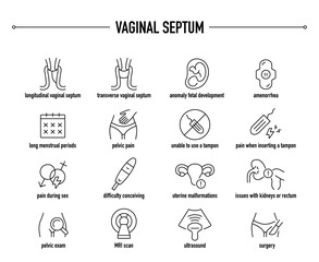 Vaginal Septum symptoms, diagnostic and treatment vector icons. Line editable medical icons.	