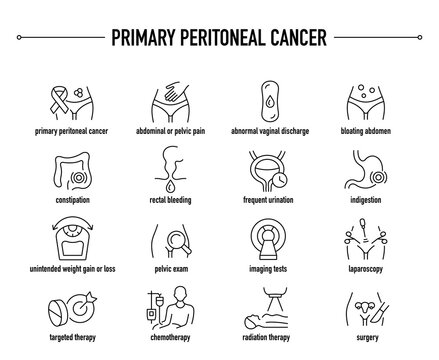 Primary Peritoneal Cancer symptoms, diagnostic and treatment vector icons. Line editable medical icons.