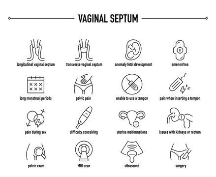 Vaginal Septum symptoms, diagnostic and treatment vector icons. Line editable medical icons.	