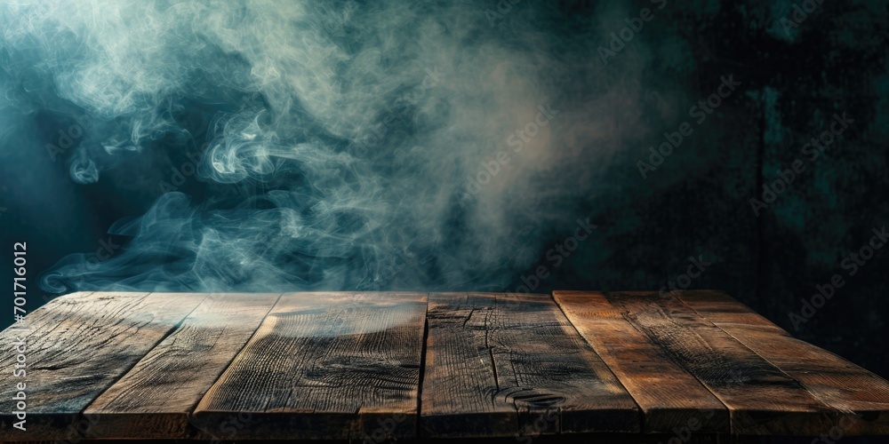 Poster A wooden table with smoke rising out of it. Perfect for adding an atmospheric touch to any project