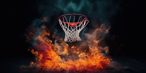 Basketball basket going through fire after ball hits the basket