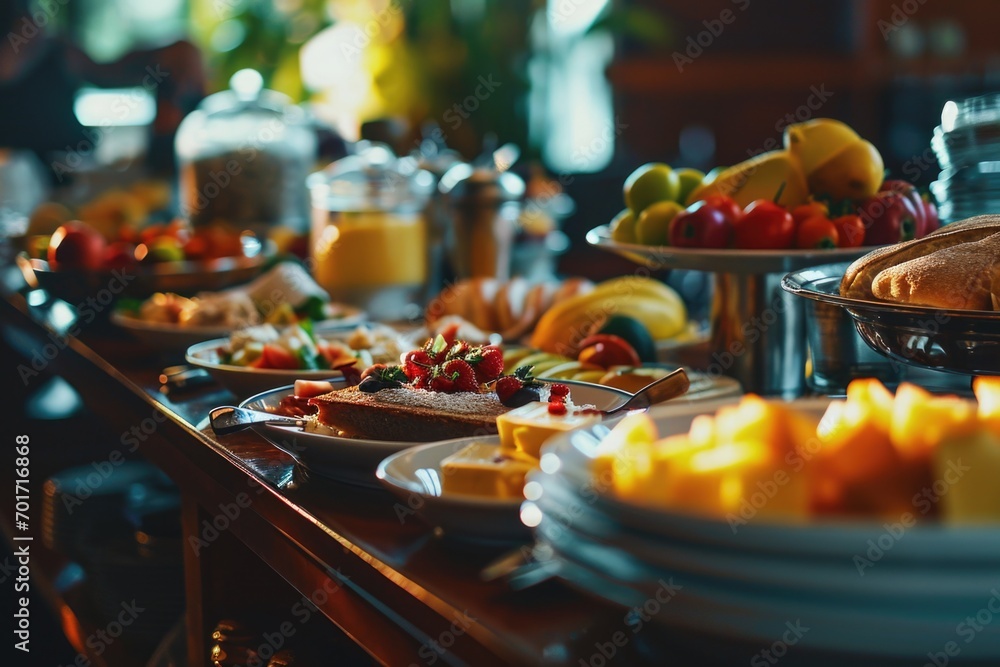 Poster a buffet display featuring a wide selection of delicious food plates. perfect for catering events an
