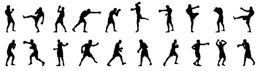 Silhouette set of mixed martial art mma fighter. Muay thai, wrestling, jujitsu, kick boxing, taekwondo and boxing. Vector illustration - obrazy, fototapety, plakaty