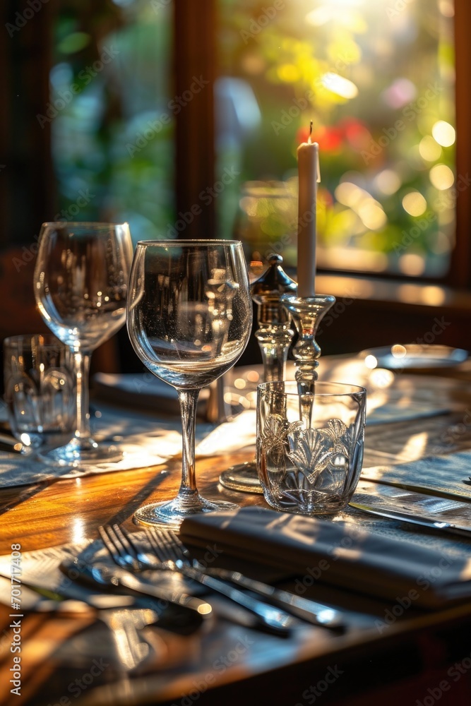 Poster a beautifully arranged table set for a dinner, complete with wine glasses and silverware. perfect fo