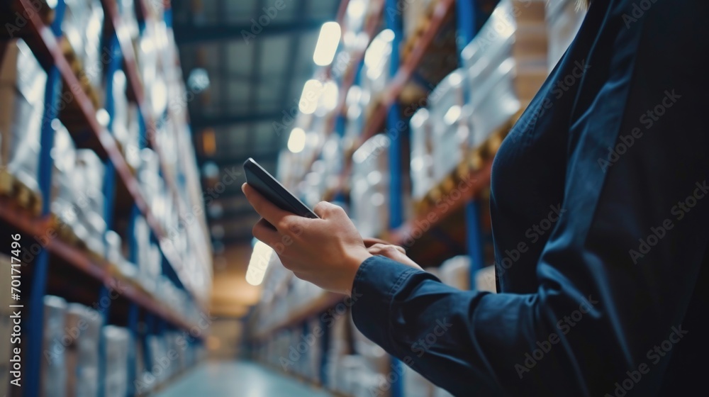 Poster a person is holding a cell phone inside a warehouse. this image can be used to depict technology, co