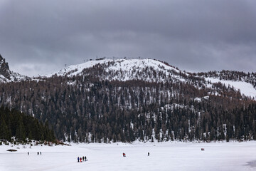 Winter landscape of Lake Palù in Chiesa Valmalenco Ski resort