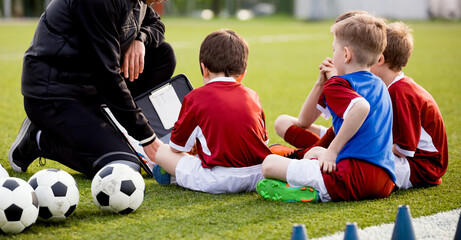 Soccer training for children. Kids and coach sitting on the football field and talking about game...