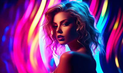 Portrait of beautiful woman in colorful neon lights