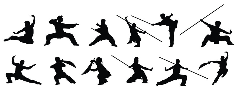 Silhouette of Wushu
 Silhouette of mix martial arts, Kungfu, boxing, karate, kick boxing, jujitsu, taekwondo, sumo, mauy thai. Vector illustration.