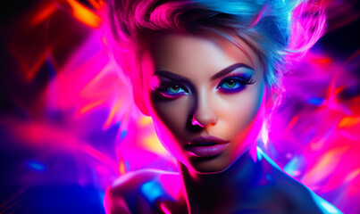 Obraz na płótnie Canvas Portrait of beautiful woman in colorful neon lights