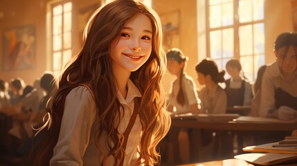 Portrait of student girl smiling in class in her school