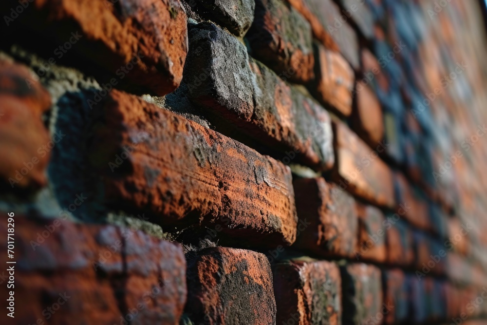 Poster A close-up view of a brick wall with a clock mounted on it. This image can be used to represent time, punctuality, or the passing of time in various projects and designs