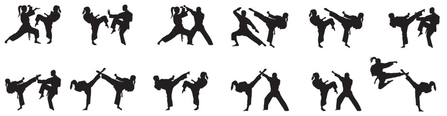 Fototapeta na wymiar Silhouette of mix martial arts, Kungfu, boxing, karate, kick boxing, jujitsu, taekwondo, sumo, mauy thai. Vector illustration. 