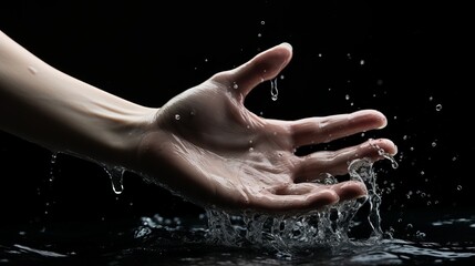 Fototapeta na wymiar A close-up of the hand in black water.