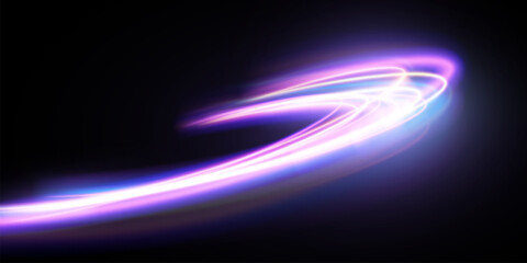 Light trails violet and blue line.Abstract background speed effect motion blur night lights. semicircular wave, light trail curve swirl.
