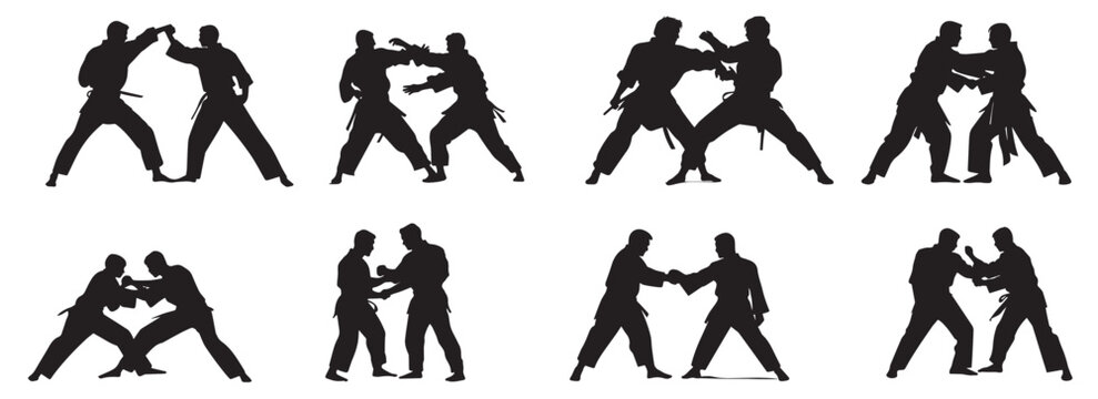 Silhouette of mix martial arts, Kungfu, boxing, karate, kick boxing, jujitsu, taekwondo, sumo, mauy thai. Vector illustration. 