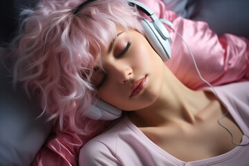 Fototapeta premium Close up of a woman with curly pink lilac short hair lying on a sofa, or sleeping, listening to music, audio book or podcast, enjoying meditation for sleep and peaceful mind. Rest And Relax Concept