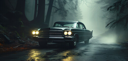 classic car with headlights on road in a foggy forest in autumn in the fog at night. The mystical atmosphere of a thriller