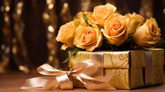 Yellow rose flowers bouquet with gold gift box color on white background. Generate AI image