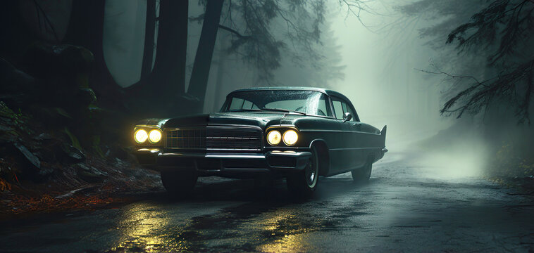 classic car with headlights on road in a foggy forest in autumn in the fog at night. The mystical atmosphere of a thriller