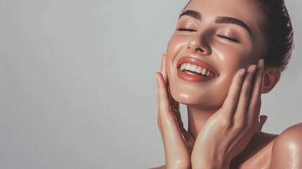 Skincare. Woman with beautiful face touching healthy facial skin. Woman smiling while touching her flawless glowy skin with copy space for your advertisement, skincare - obrazy, fototapety, plakaty