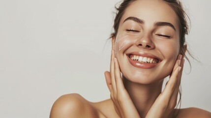 Skincare. Woman with beautiful face touching healthy facial skin. Woman smiling while touching her flawless glowy skin with copy space for your advertisement, skincare - Powered by Adobe