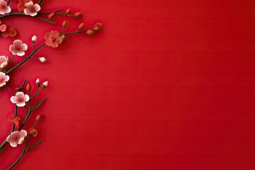 Chinese new year decoration on red background, flat lay , copy space - generative ai