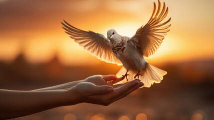 Pigeon flying on woman hand , freedom and hope concept , international day of peace - obrazy, fototapety, plakaty