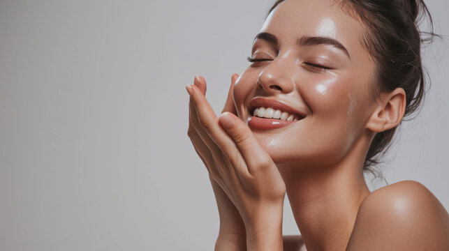 Skincare. Woman with beautiful face touching healthy facial skin. Woman smiling while touching her flawless glowy skin with copy space for your advertisement, skincare