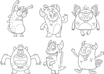 Outlined Funny Monsters Cartoon Characters. Vector Hand Drawn Collection Set Isolated On Transparent Background
