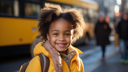 Smiling elementary school girl going to school - obrazy, fototapety, plakaty