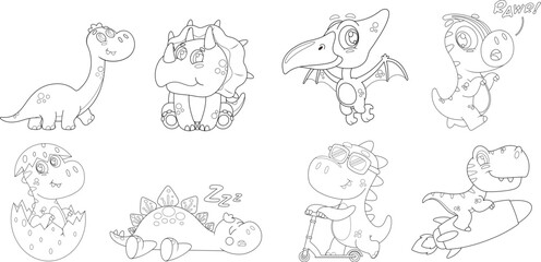Outlined Cute Baby Dinosaurs Cartoon Characters. Vector Hand Drawn Collection Set Isolated On Transparent Background