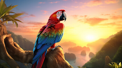 Beautiful parrot perched on a branch at sunset background.