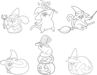 Outlined Halloween Witch Cat Cartoon Characters. Vector Hand Drawn Collection Set Isolated On Transparent Background