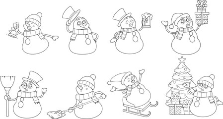 Outlined Cute Snowman Cartoon Characters. Vector Hand Drawn Collection Set Isolated On Transparent Background
