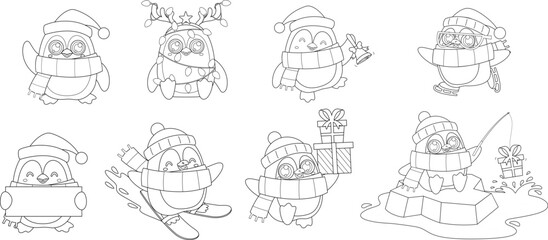 Outlined Cute Christmas Penguin Cartoon Character In Different Poses. Vector Hand Drawn Collection Set Isolated On Transparent Background