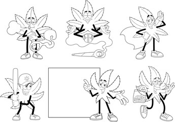 Outlined Funny Marijuana Leaf Cartoon Characters. Vector Hand Drawn Collection Set Isolated On Transparent Background