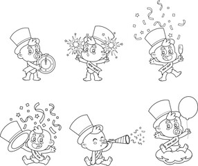 Outlined Cute New Year Baby Cartoon Character. Vector Hand Drawn Collection Set Isolated On Transparent Background