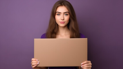 Naklejka premium Beautiful young woman holding a corrugated cardboard brown blank , girl power