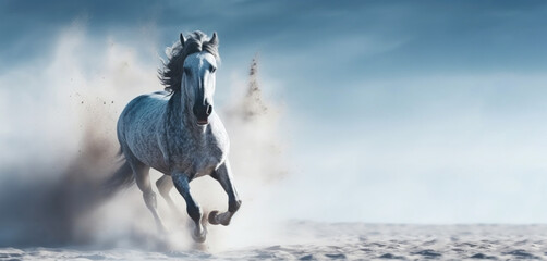 Obraz premium Grey Arabians horse run gallop in dust aganist blue sky. 
