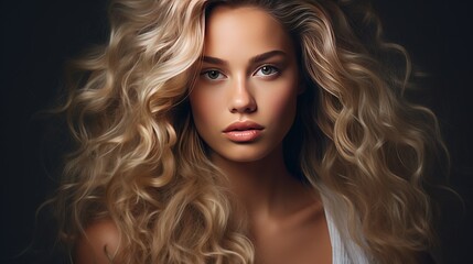 Fototapeta premium A photograph of a stunning young blonde girl with curly hair. a close-up shot of the attractive and seductive face of a female white individual with long hair and smokey eye makeup.