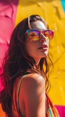 A woman stands on a bright and colorful background in stylish sunglasses
