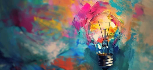 Foto op Plexiglas Lightbulb with vibrant splashes representing creativity and inspiration in art. Creative process and imagination. © Postproduction