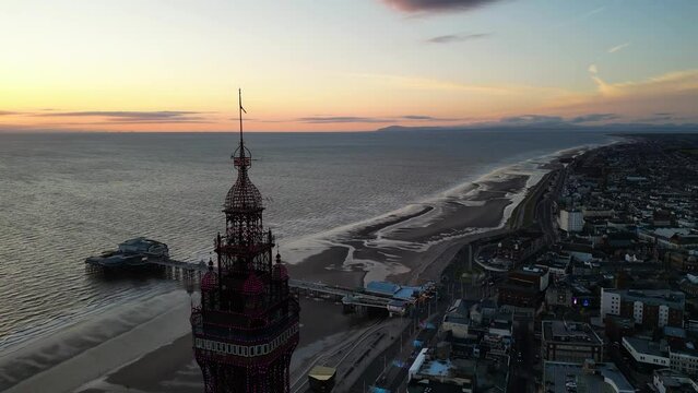 Drone view of Blackpool Tower at sunset, Lancashire, England, United Kingdom