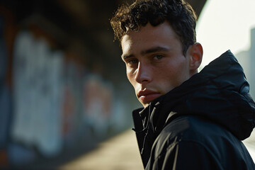 Urban Serenity: Young Male Model in Black Jacket Posing at Dawn, Mysterious Mood