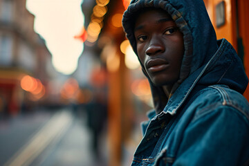 Contemplative African Teen in Denim Jacket, Urban Evening Setting