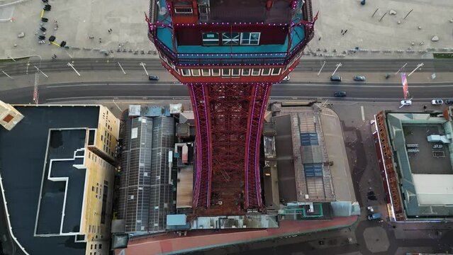 Top-down aerial view of Blackpool Tower in Lancashire, England, United Kingdom