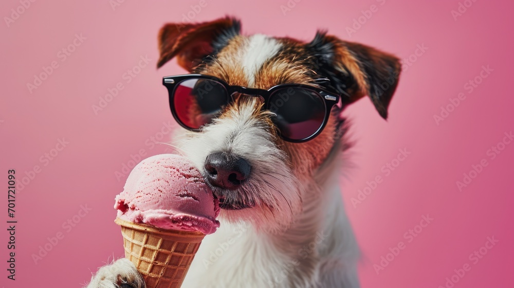 Poster A cute dog wearing sunglasses enjoying a tasty ice cream cone. Perfect for summer-themed designs and advertisements