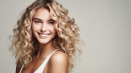 A young woman's smiling face is surrounded by beautifully groomed, curly, long, deep blonde hair. - obrazy, fototapety, plakaty