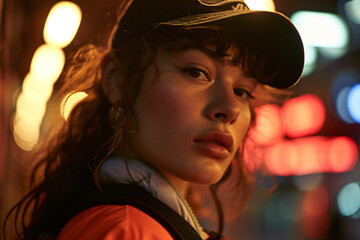 City Night Glow: Curly-Haired Teenage Girl in Warm Neon Light, Urban Evening Fashion